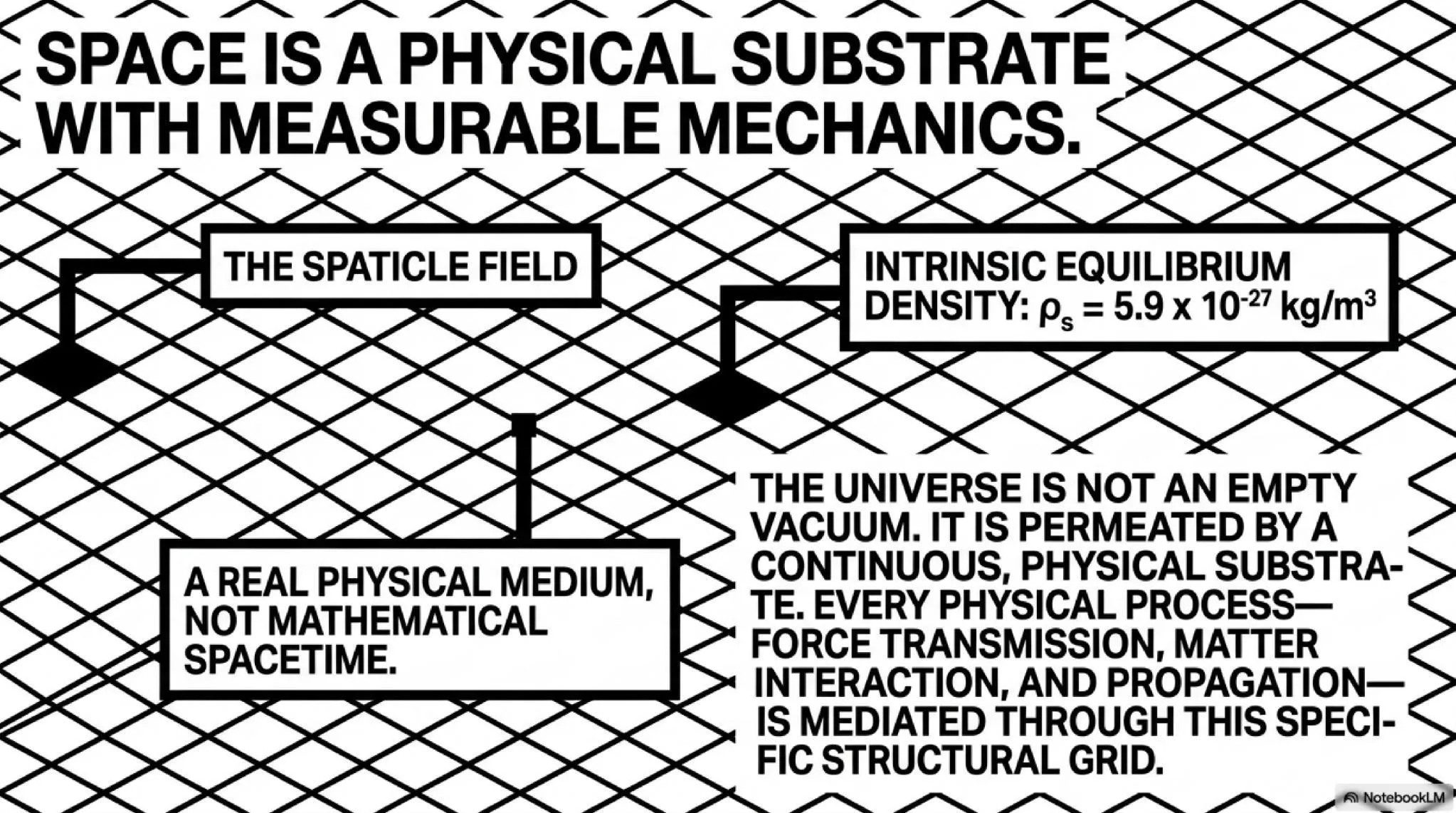 Space is a physical substrate with measurable mechanics. The Spaticle field has intrinsic density ρ_s = 5.9 × 10⁻²⁷ kg/m³.