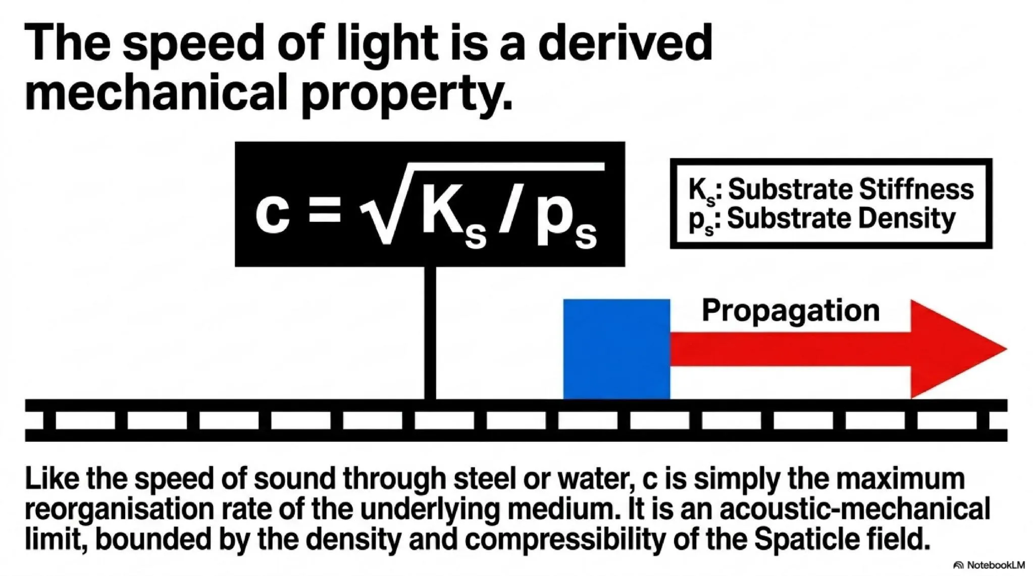 The speed of light is a derived mechanical property: c = √(K<sub>s</sub> / ρ_s). It is the maximum reorganisation rate of the Spaticle substrate.