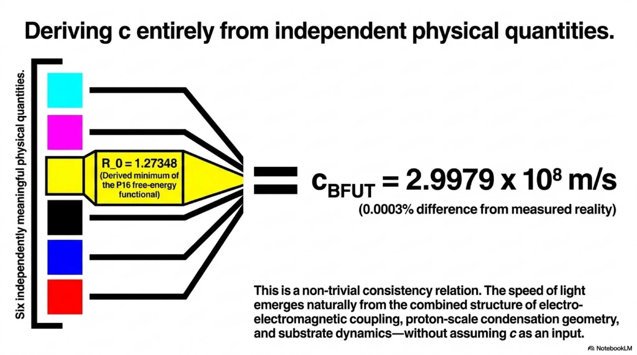 c is derived entirely from six independent physical quantities. The calculated value matches measured reality to 0.0003%.