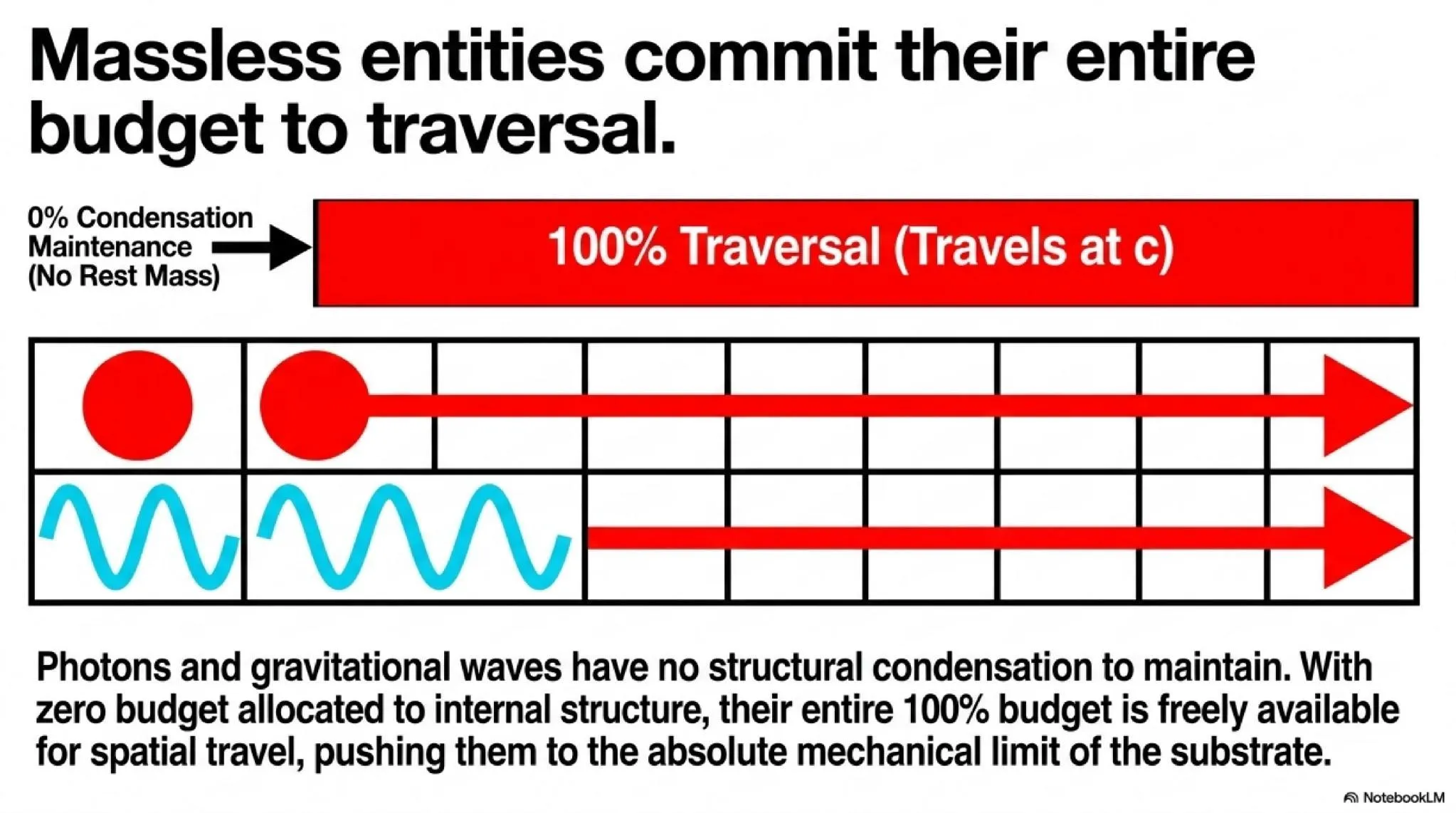 Massless entities commit their entire budget to traversal and travel at exactly c. Photons and gravitational waves have no condensation to maintain.