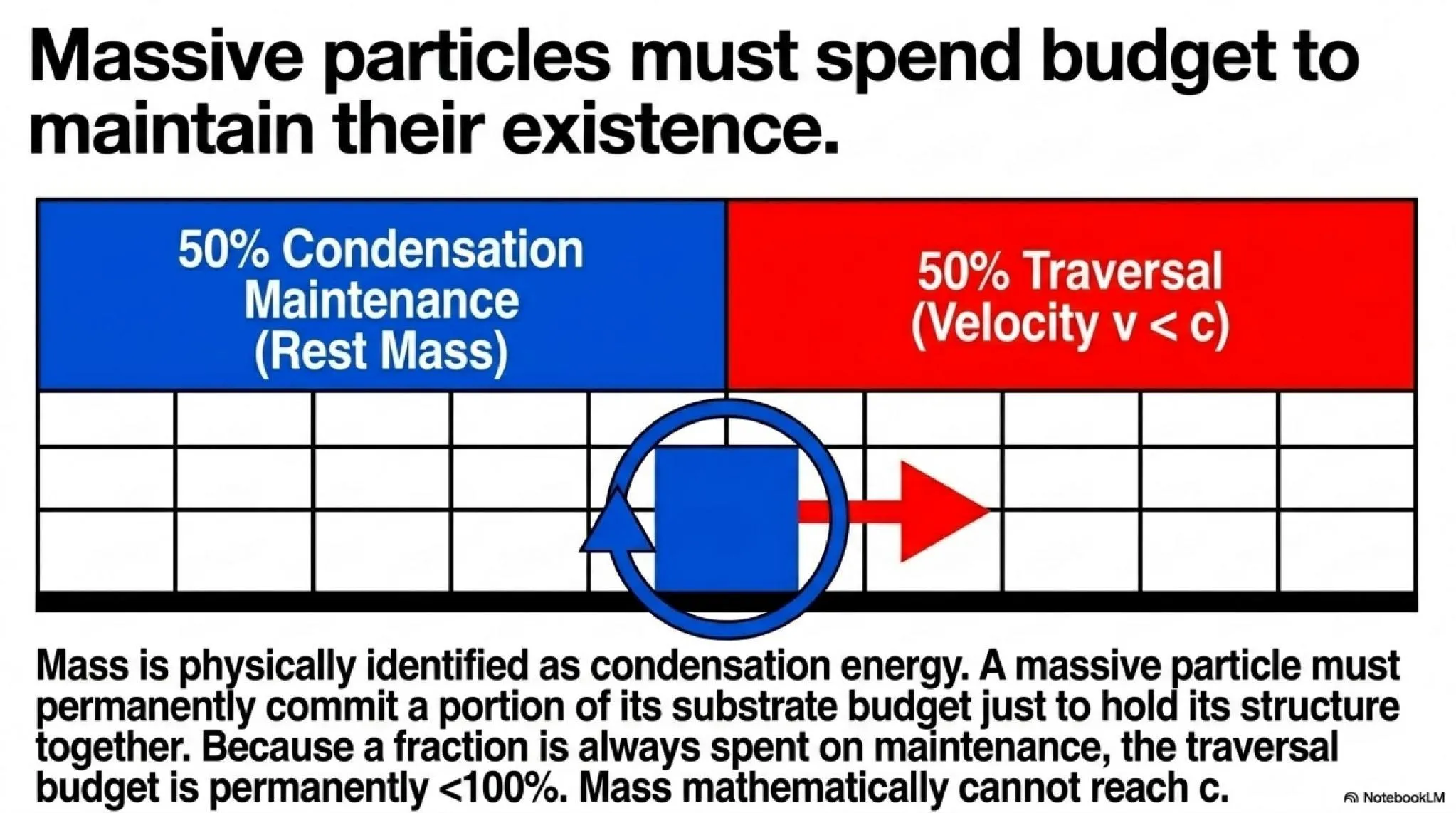 Massive particles must spend budget to maintain their existence. A fraction of their propagation capacity is permanently committed to condensation maintenance.