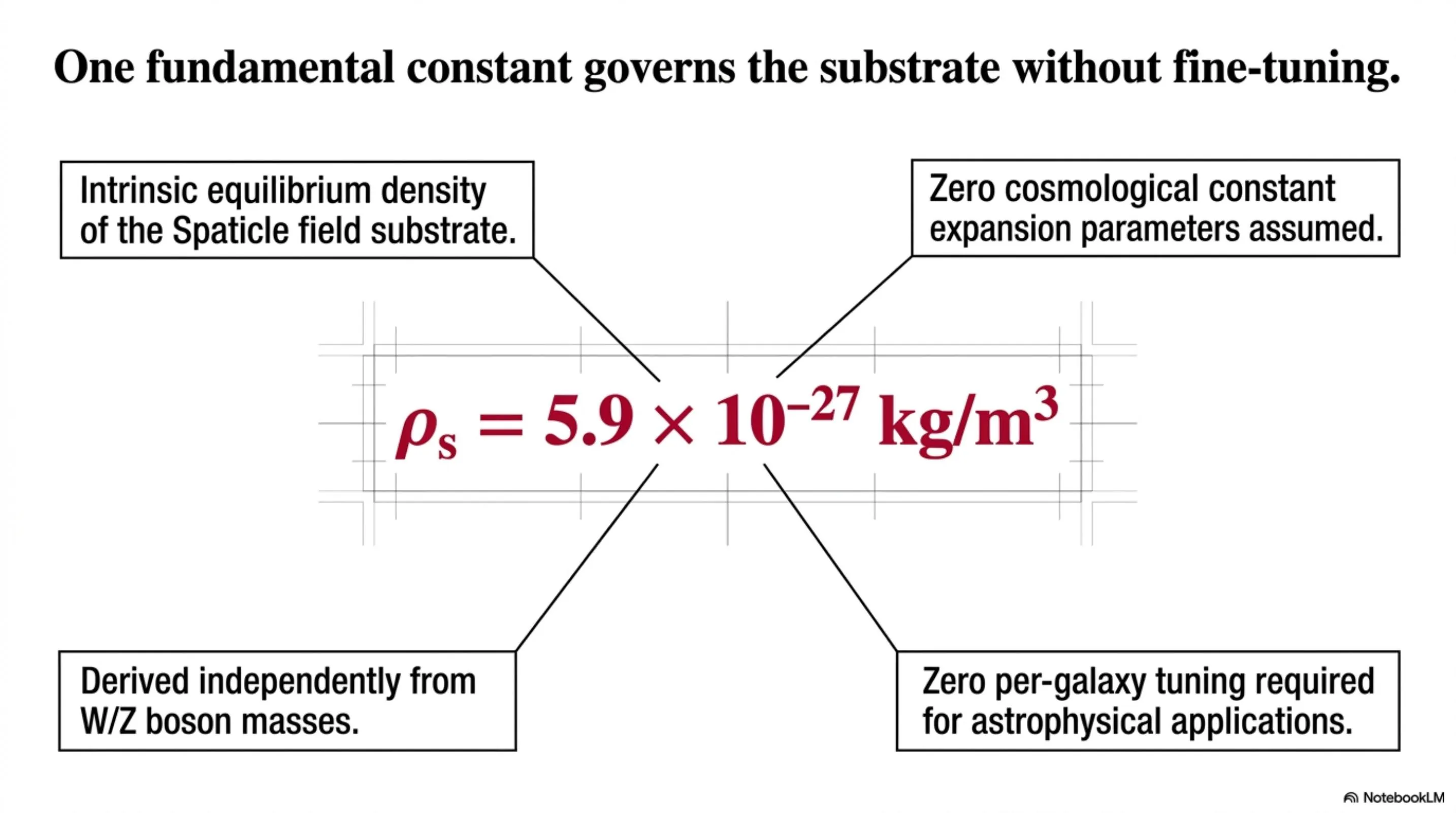 A single physical constant ρ_s = 5.9 × 10^{-27} kg/m³ governs the Spaticle substrate across all scales without fine-tuning.