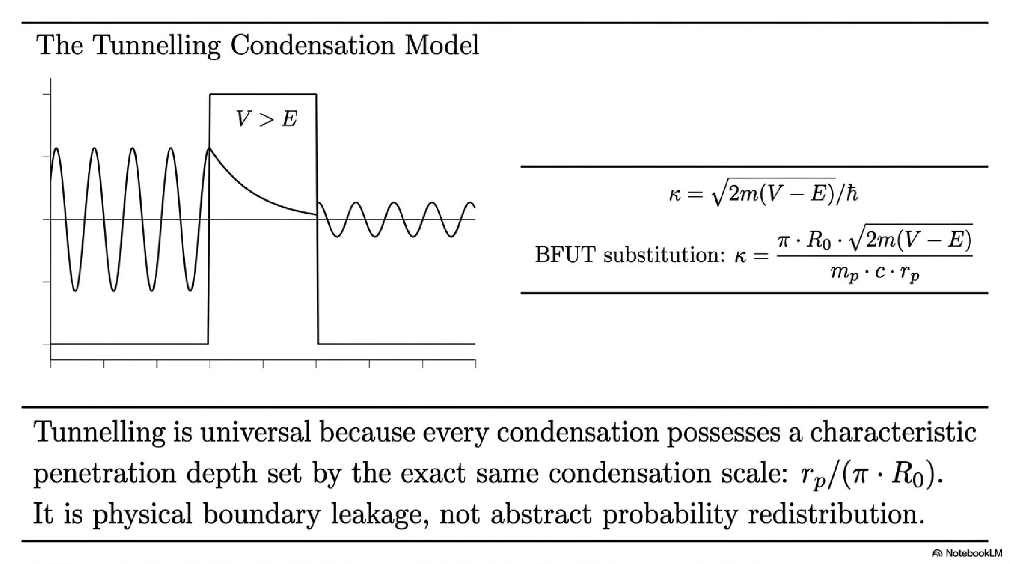 Quantum tunnelling interpreted as condensation boundary leakage. The penetration depth is set by the same condensation scale r<sub>p</sub>/(π · R₀) that defines ħ. Tunnelling is the finite probability for a substrate deformation to sustain a compressed configuration across a classically forbidden region.