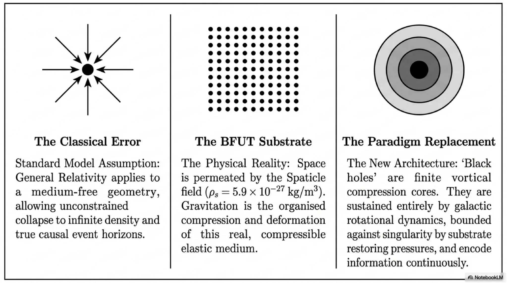 Paradigm Comparison: Classical General Relativity (medium-free geometry) versus the BFUT Spaticle Substrate Framework. The classical model permits singularities and one-way event horizons; the BFUT model replaces both with finite, physically defined substrate structures sustained by rotational dynamics.