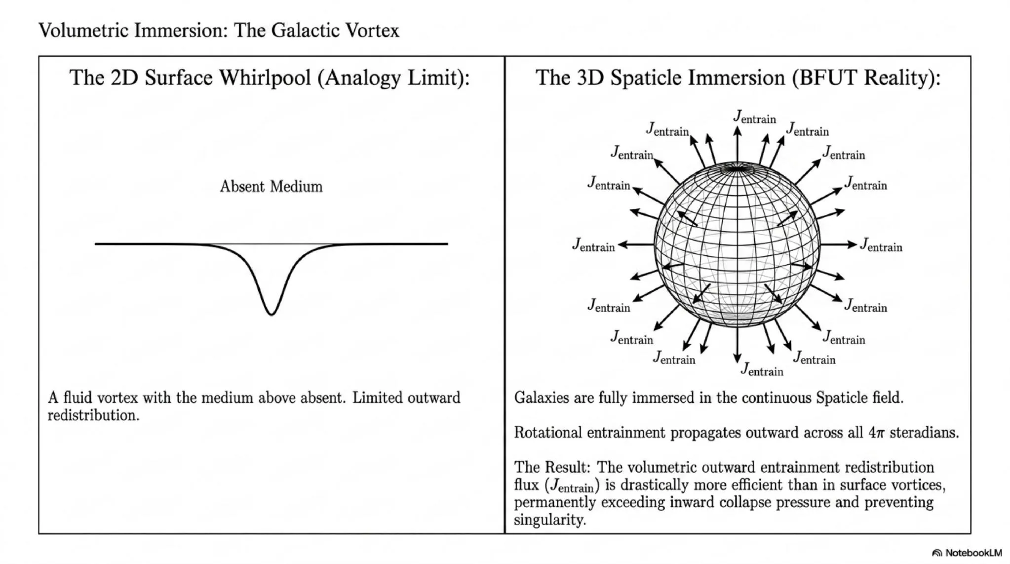 Volumetric Immersion: 2D Surface Whirlpool versus 3D Spaticle Field Immersion. In the BFUT framework, galaxies are fully immersed in the continuous Spaticle medium across 4π steradians. This volumetric outward entrainment flux (J_entrain) is far more efficient than in surface vortices, preventing collapse to singularities.