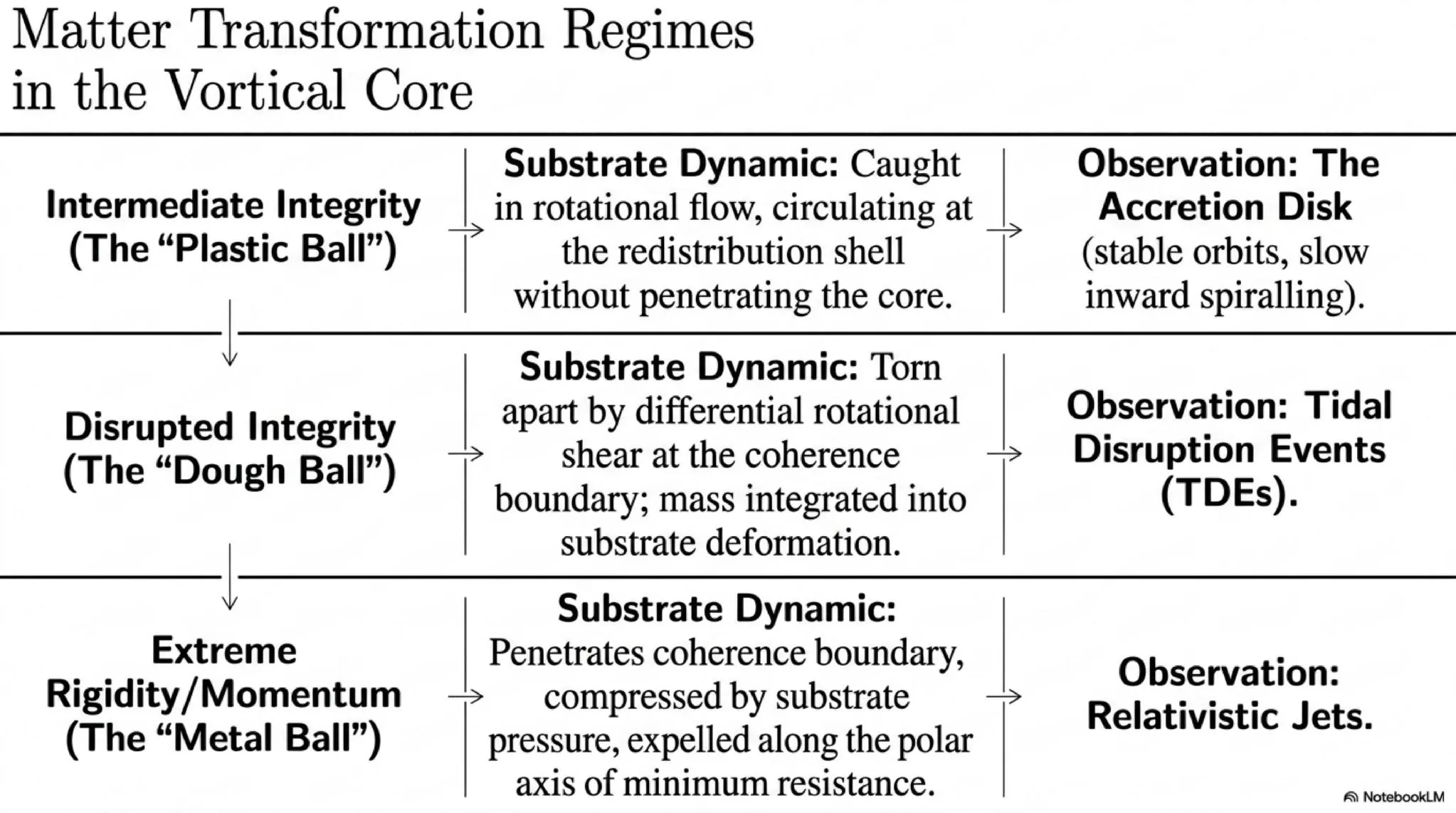 Three Matter Transformation Regimes in a Vortical Core. Intermediate-integrity matter (Plastic Ball) enters stable orbits in the redistribution shell. Low-integrity matter (Dough Ball) is tidally disrupted at the coherence boundary. High-rigidity matter (Metal Ball) penetrates the core and is expelled as relativistic jets along the axis of minimum rotational resistance.