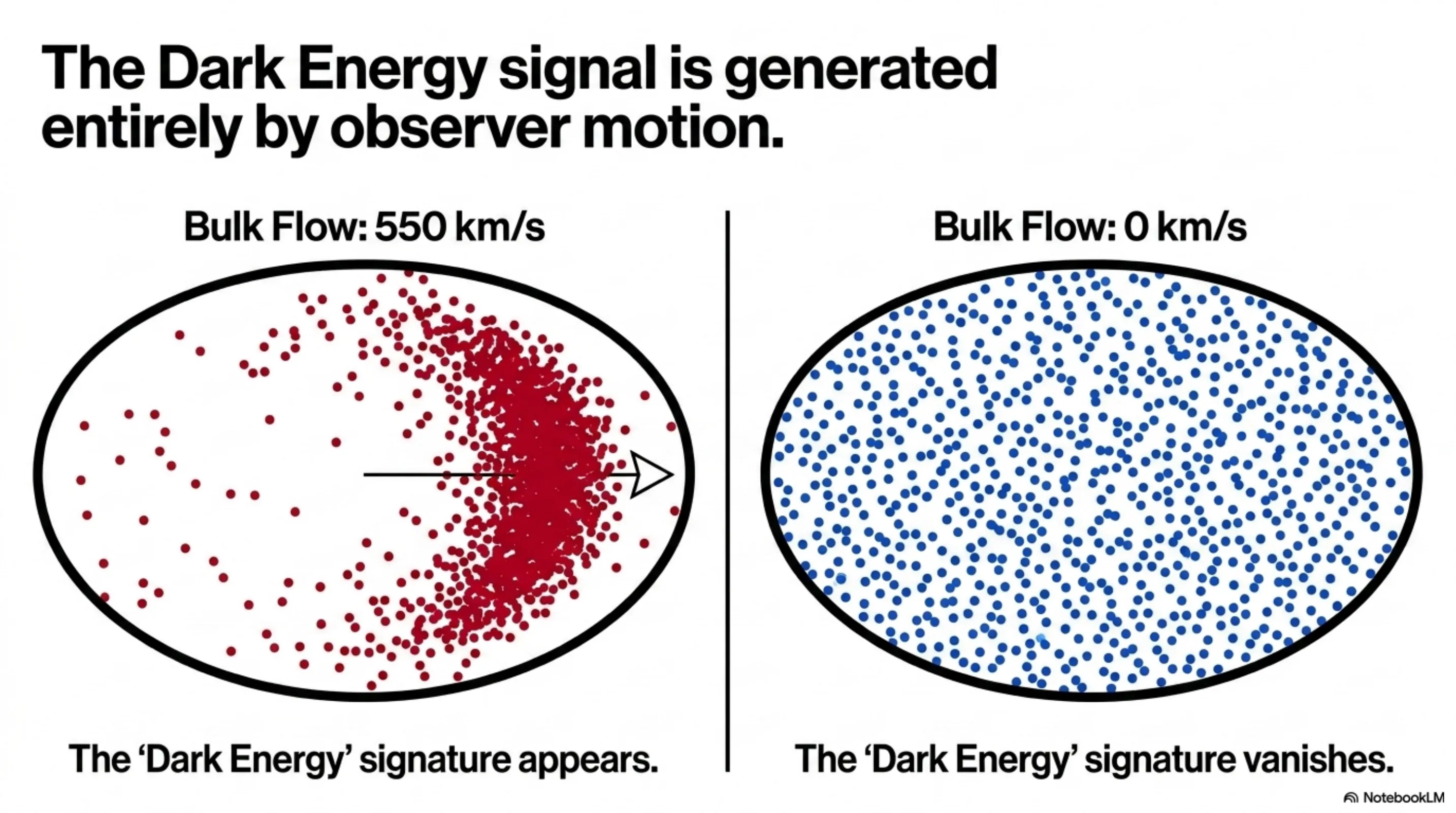 With 550 km/s bulk flow a strong directional dipole appears (left); when bulk flow is set to zero the signal vanishes completely (right).