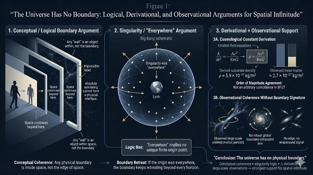 a physical boundary is logically incoherent, the “everywhere” origin logic defeats a finite edge, and both the Λ-derived density scale and large-scale observations remain consistent with an unbounded universe.
