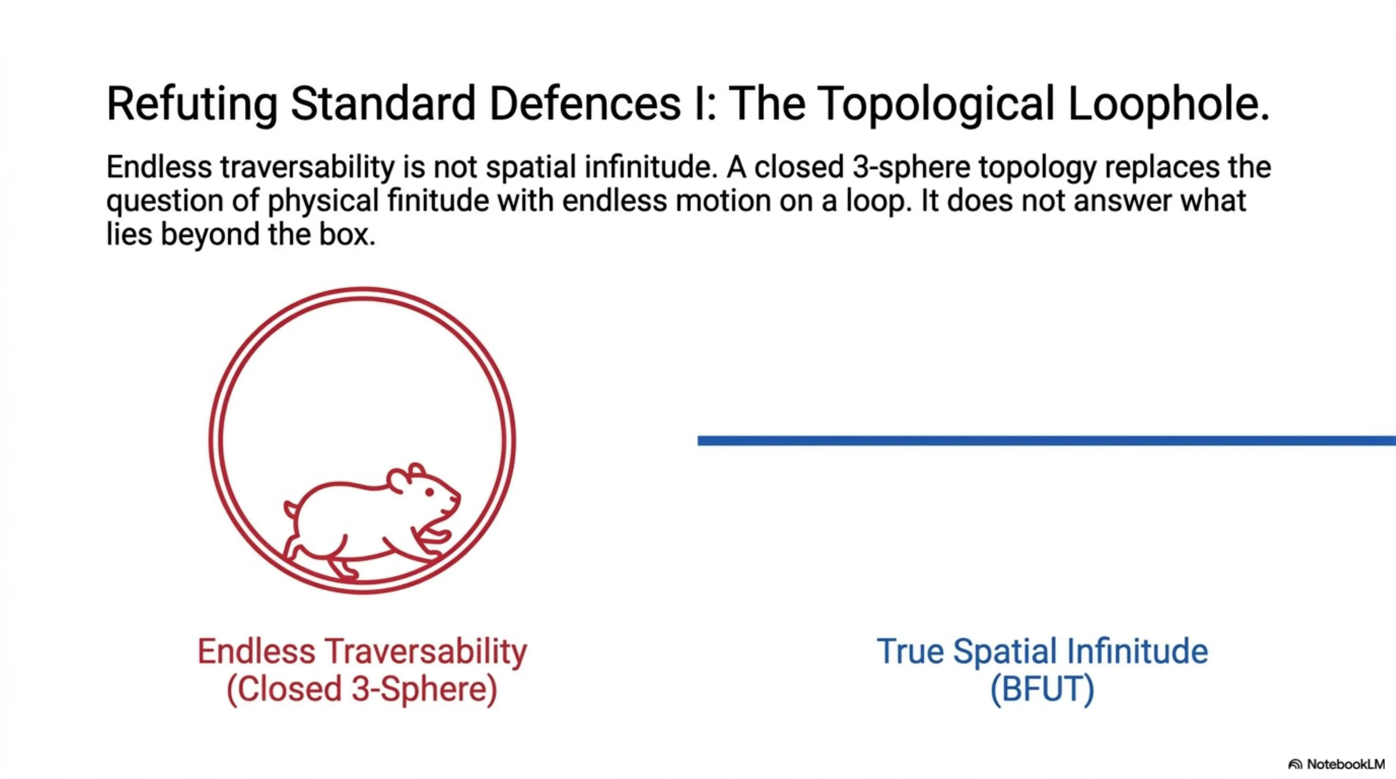 A closed 3-sphere topology replaces the question of physical finitude with endless traversability on a loop. It does not answer what lies beyond the boundary.