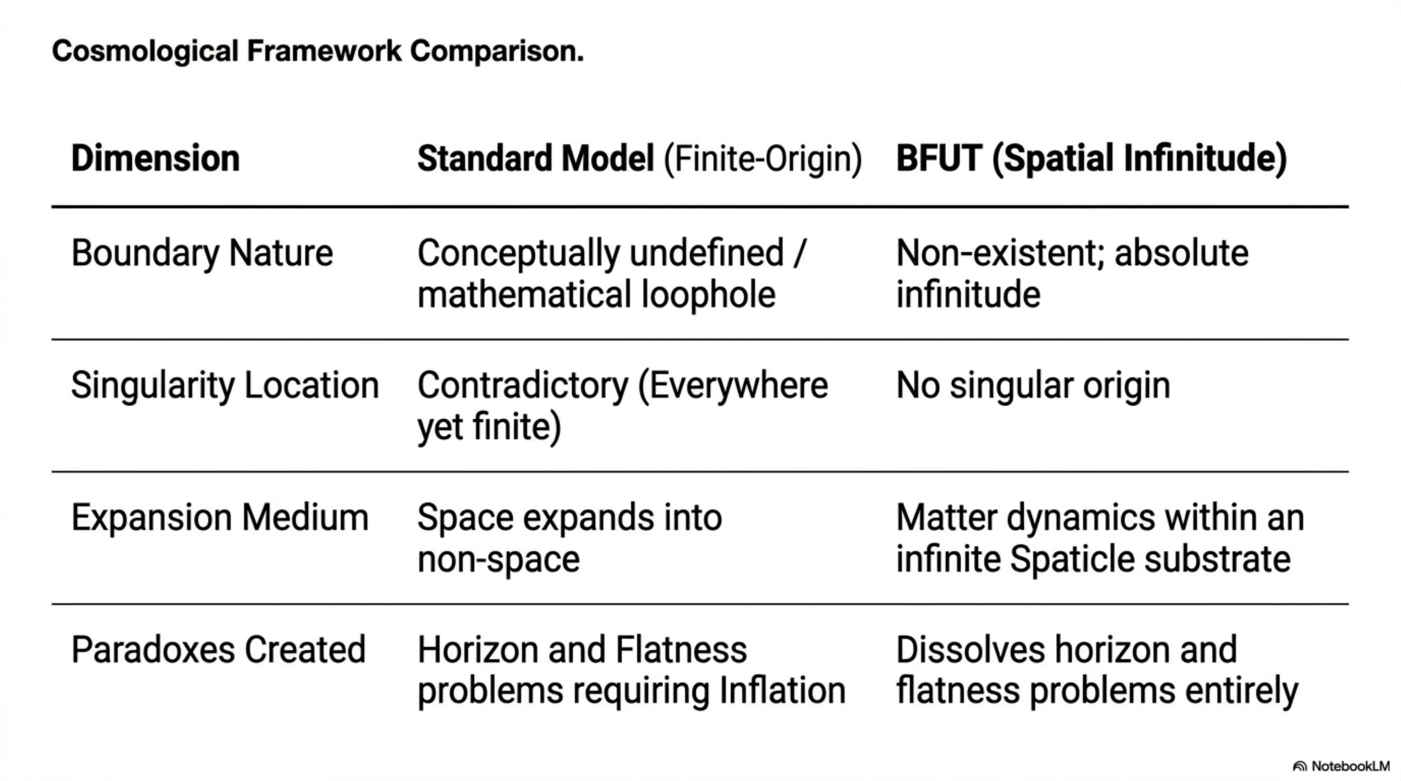 Key differences between the standard finite-origin model and the BFUT framework of spatial infinitude.