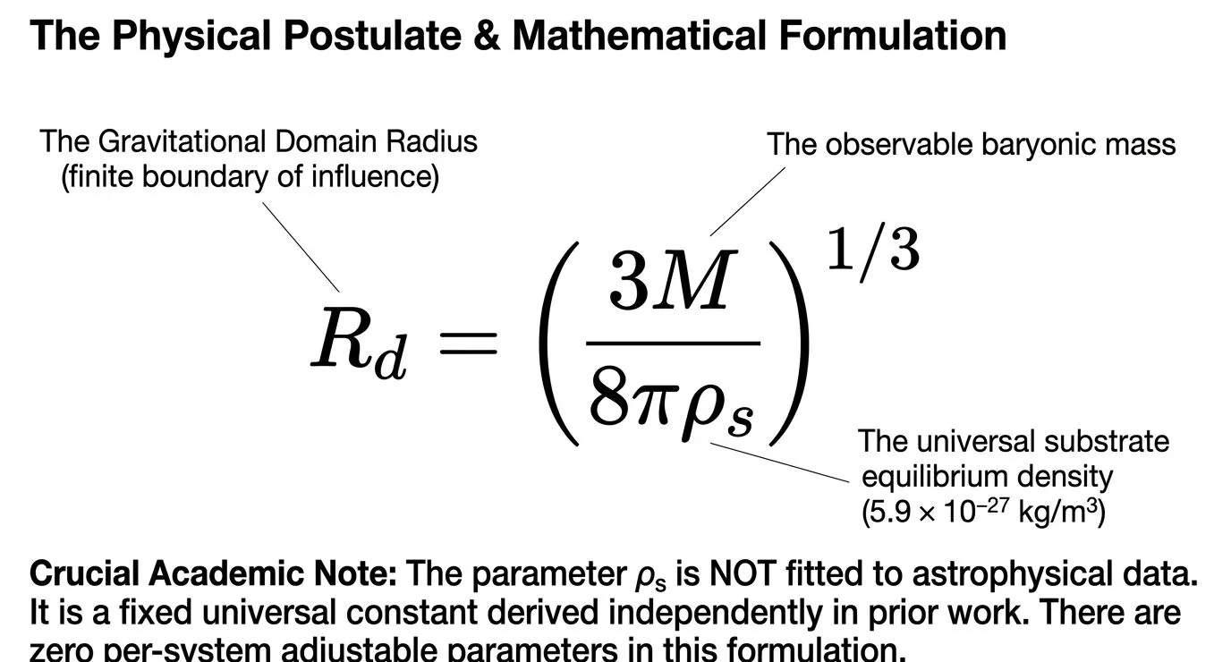 The gravitational domain radius R<sub>d</sub> as a function of baryonic mass M and substrate equilibrium density ρ_s. ρ_s is fixed independently of any astrophysical observation; no per-system parameter is introduced.