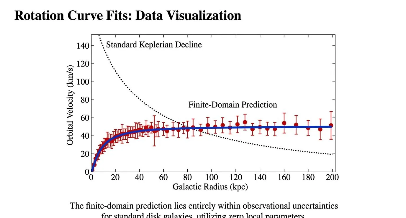 Representative finite-domain rotation curve prediction against observed data with 1σ uncertainties, compared to the Keplerian decline expected without additional mass or a finite domain. The prediction uses only the observed baryonic mass profile and ρ_s from [1], with zero per-galaxy free parameters.