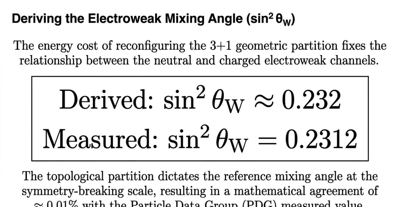 The sequential derivation of the electroweak mixing angle, the W boson mass, and the Z boson mass from the same condensation partition, each step using no additional free parameter.