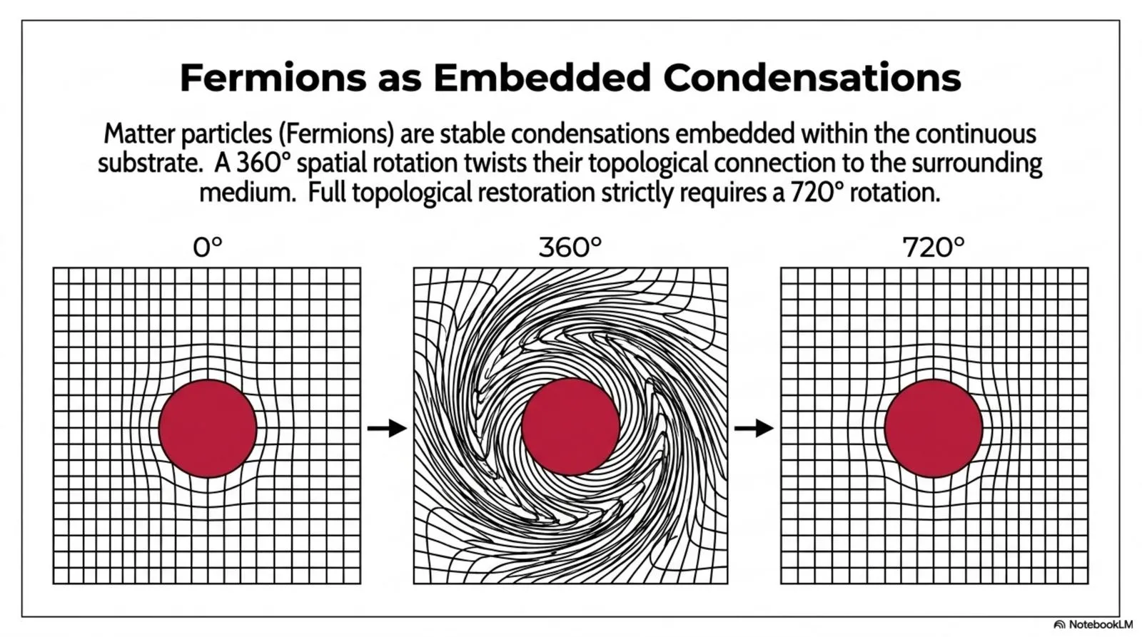 Matter particles (fermions) are stable condensations embedded within the continuous substrate; a 360-degree rotation twists their topological connection, requiring 720 degrees for full restoration.