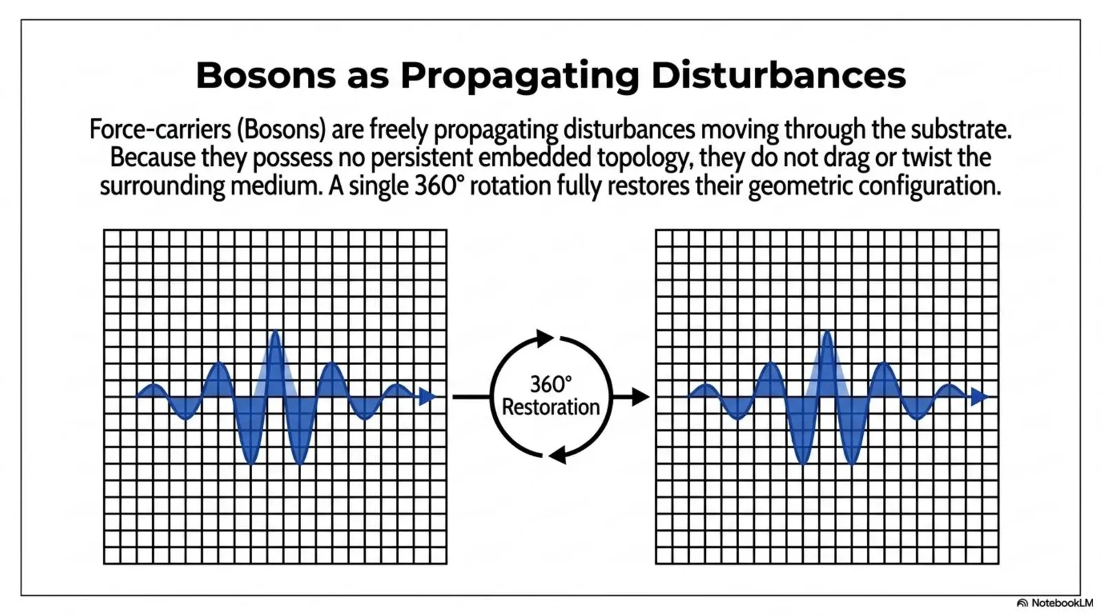 Force-carriers (bosons) are freely propagating disturbances with no persistent embedded topology; a single 360-degree rotation fully restores their geometric configuration.