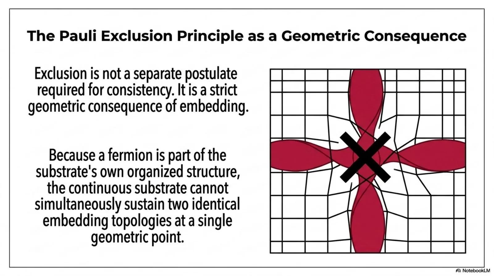 The Pauli exclusion principle follows because the continuous substrate cannot simultaneously sustain two identical embedding topologies at a single geometric point.