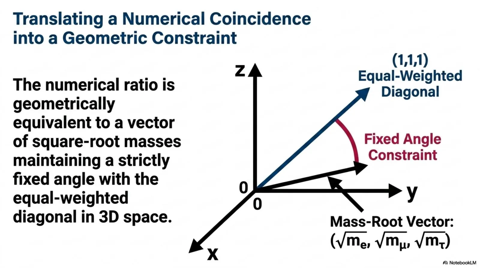 The mass-root vector (√m<sub>e</sub>, √m_μ, √m_τ) maintains a fixed angle with the equal-weighted diagonal (1,1,1), recasting the Koide ratio as a geometric constraint.
