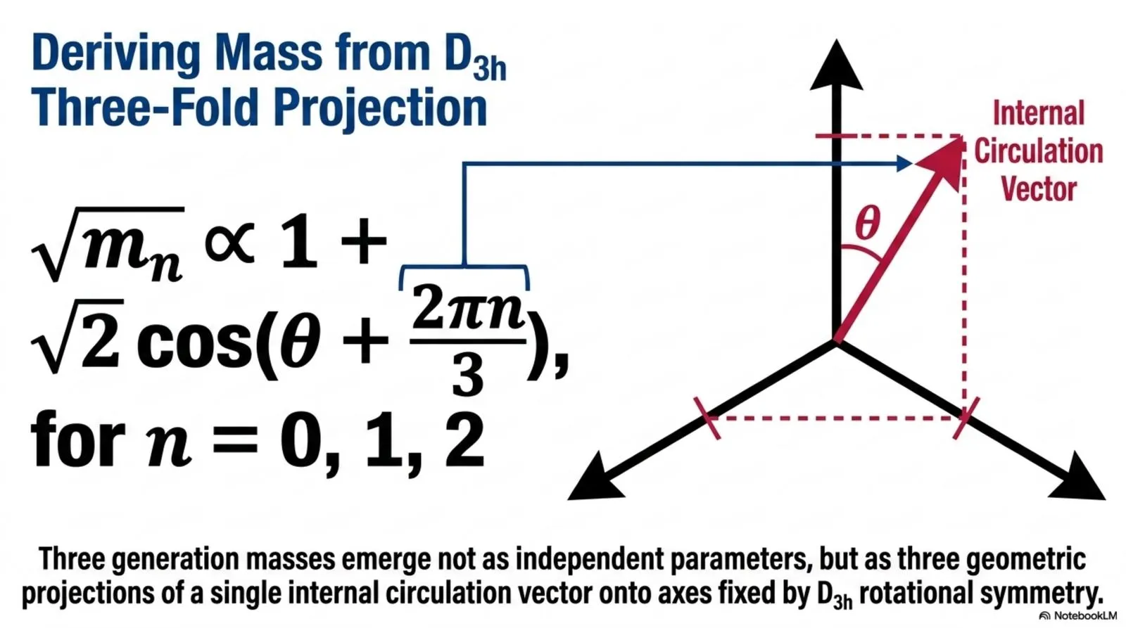 The three generation masses as projections of a single internal circulation vector onto axes fixed by D3h three-fold rotational symmetry (Equation 3).