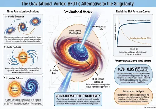 Conceptual schematic of the BFUT gravitational vortex, illustrating three formation mechanisms (galactic encounter, stellar collapse, explosive release), the finite-density rotating core, the BFUT critical radius, and the qualitative emergence of flat galactic rotation curves without invoking a dark matter halo.