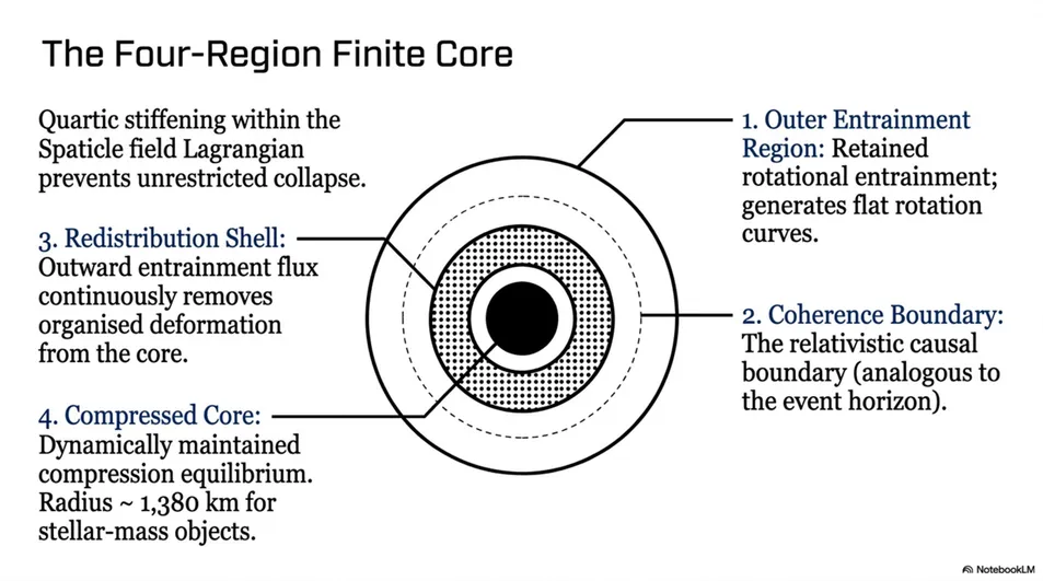 Four-region finite core structure of a BFUT gravitational vortex.