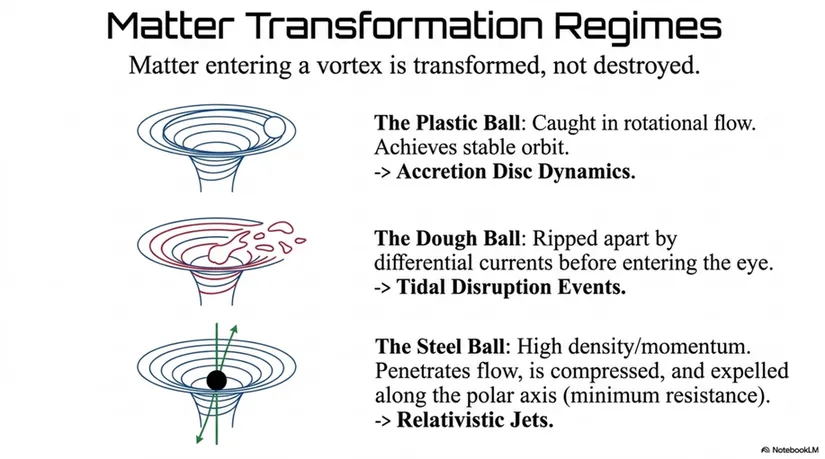 Matter transformation regimes in a gravitational vortex.