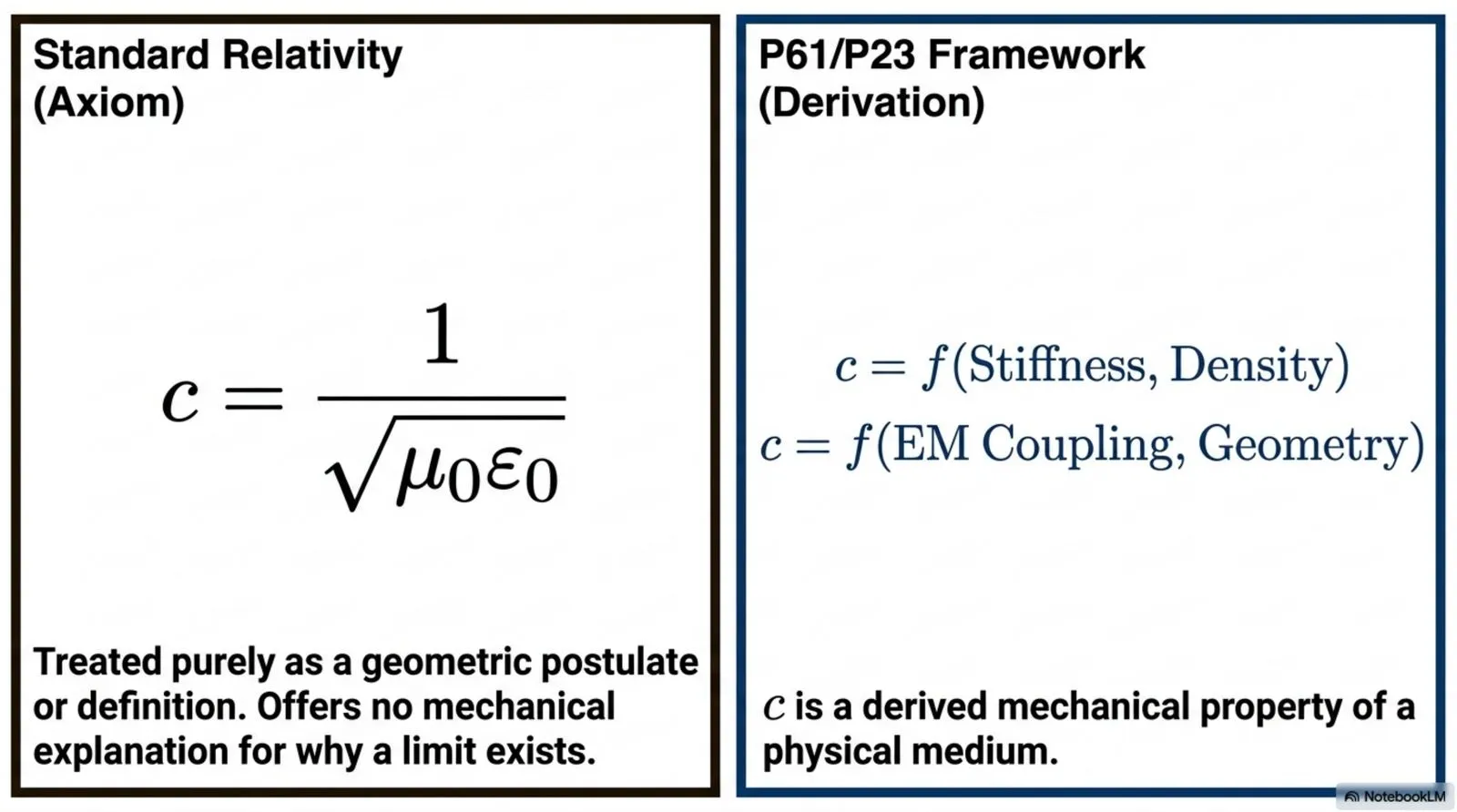 Standard relativity treats c as an axiomatic postulate with no mechanical origin, while the substrate framework derives it from the stiffness and density of a physical medium.
