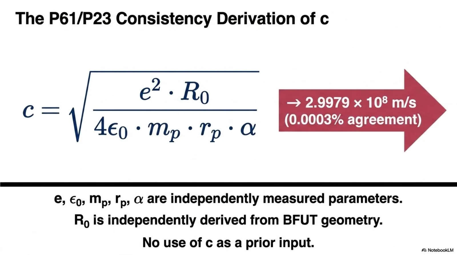 Numerical evaluation of the consistency derivation of c from six independently established quantities, agreeing with the measured value to 0.0003 percent.