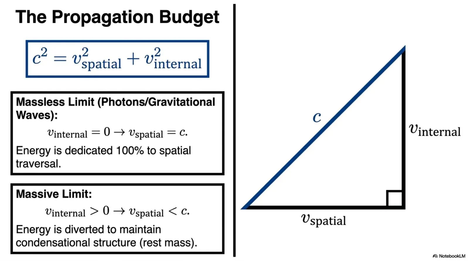 a particle's total substrate propagation capacity divides between spatial motion and internal structure maintenance, with massless excitations committing the full budget to spatial motion.