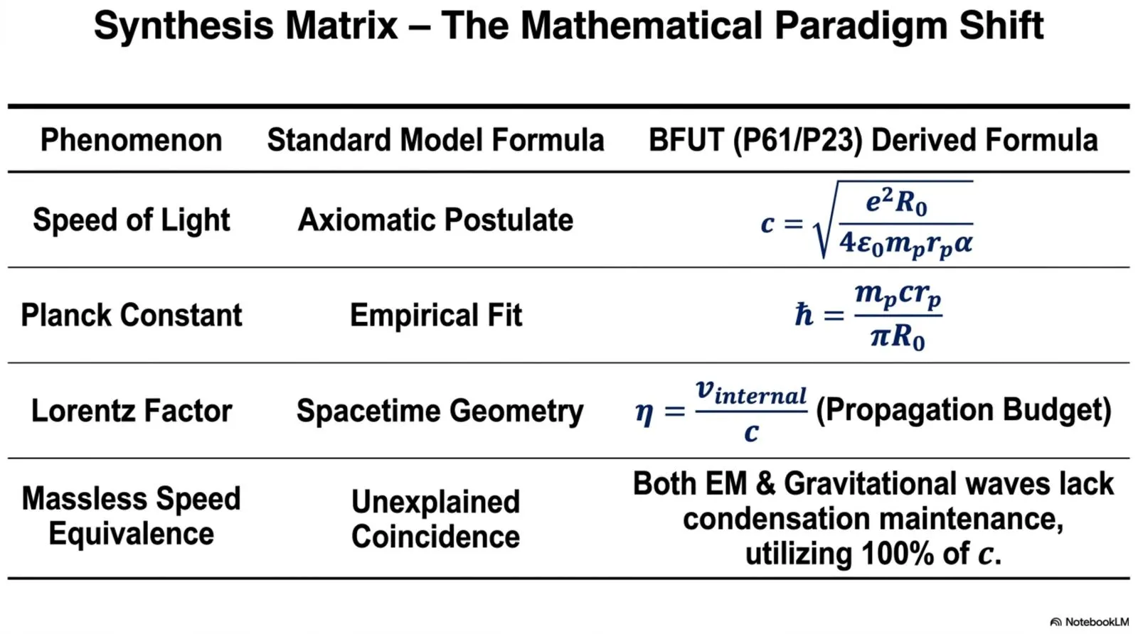 Synthesis matrix comparing the standard-model treatment of c, the reduced Planck constant, the Lorentz factor, and the massless speed equivalence against the substrate-derived formulas.