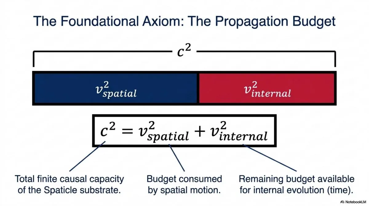 the substrate's total finite causal capacity c² is divided between spatial motion and internal evolution, c² = v²_spatial + v²_internal.