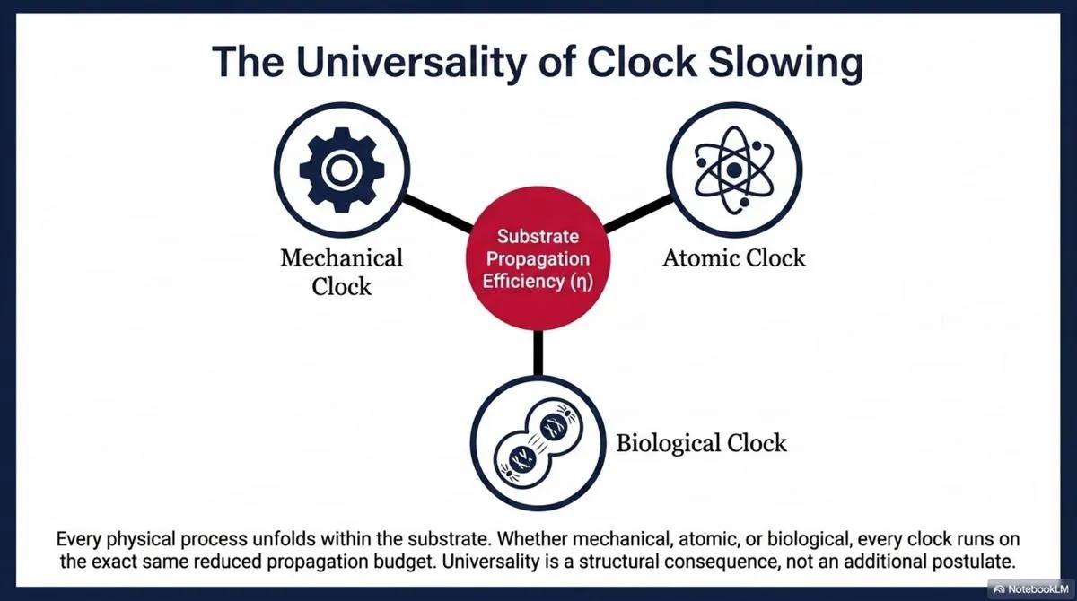 Every physical process, whether mechanical, atomic, or biological, runs on the same substrate propagation efficiency η, making universal clock slowing a structural consequence rather than an added postulate.