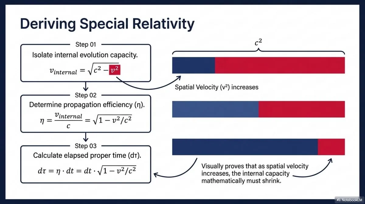 isolating internal evolution capacity, determining propagation efficiency η, and calculating elapsed proper time from the same propagation-budget principle.