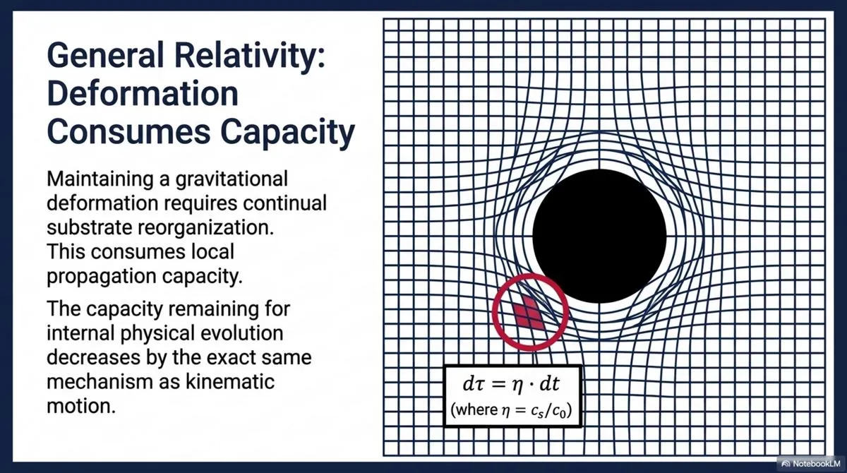 Maintaining a gravitational deformation requires continual substrate reorganisation, consuming local propagation capacity by the same mechanism as kinematic motion.