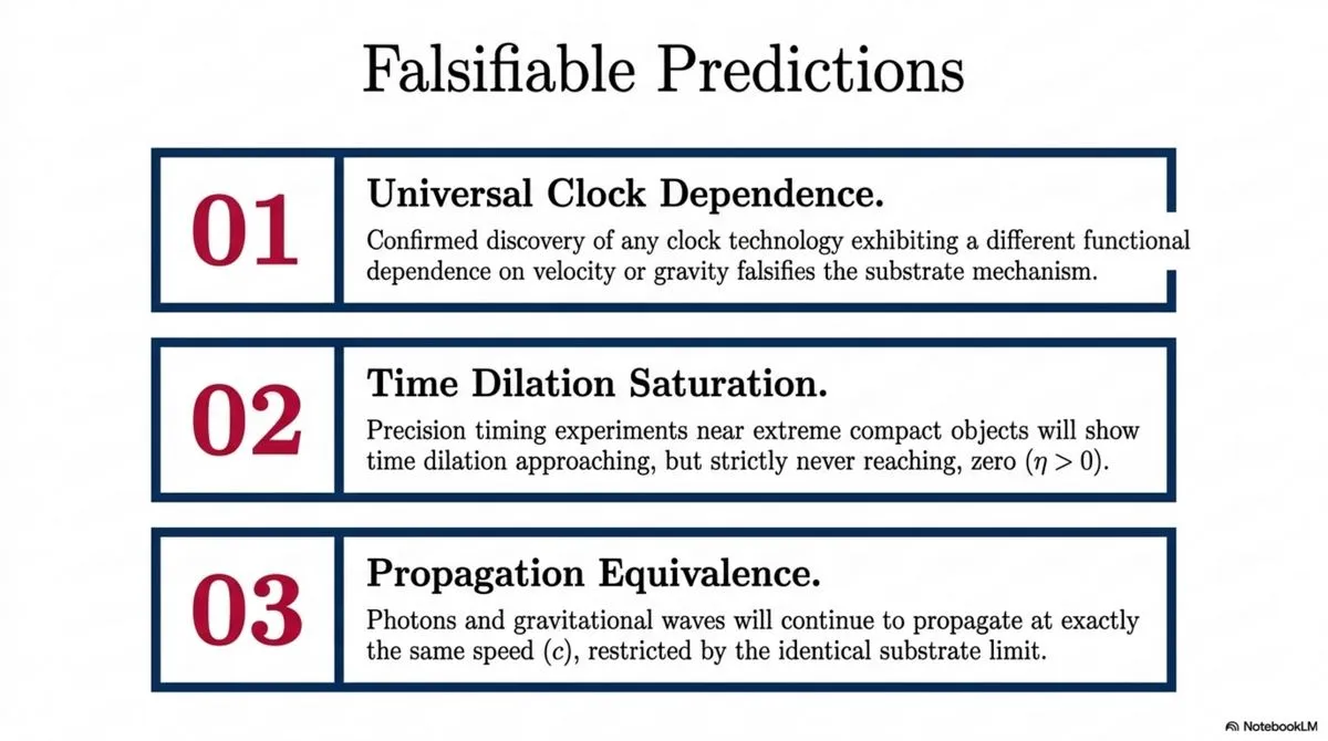 The propagation-budget framework predicts universal clock dependence, time-dilation saturation near compact objects, and exact propagation-speed equivalence between photons and gravitational waves.