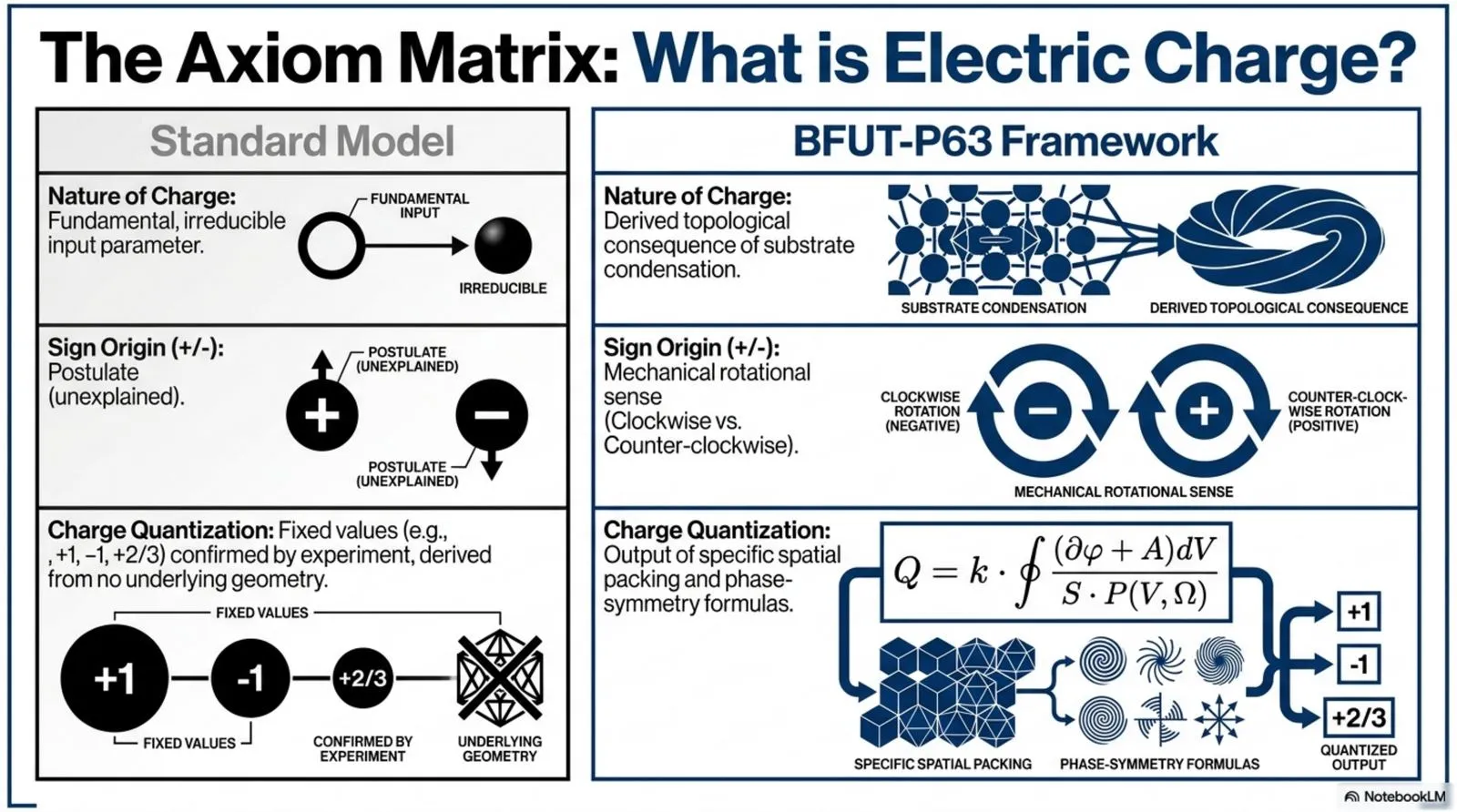 The Standard Model treats the nature, sign origin, and quantisation of charge as unexplained inputs, while the P63 framework derives each from substrate condensation topology.
