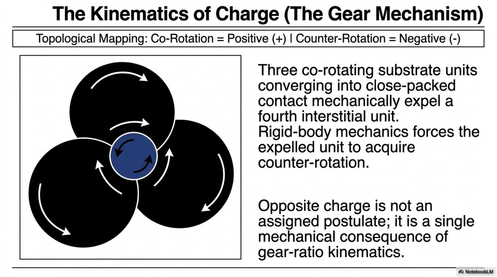 three co-rotating substrate units expel a fourth interstitial unit, which rigid-body mechanics forces into counter-rotation.
