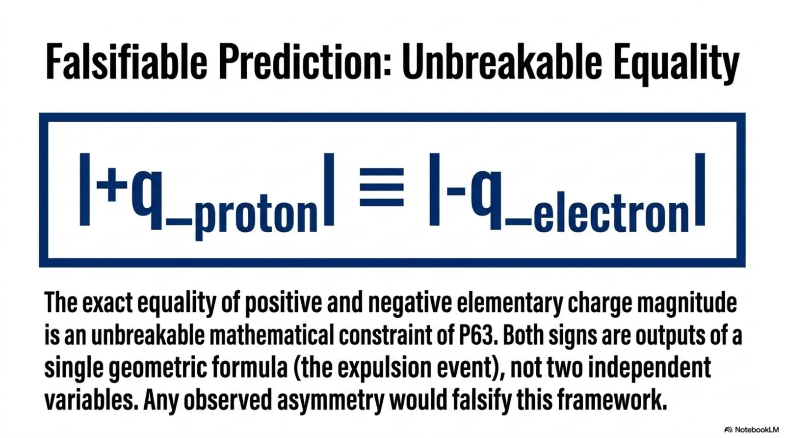 The falsifiable prediction of unbreakable equality between the positive and negative elementary charge magnitudes, both outputs of a single geometric expulsion event.