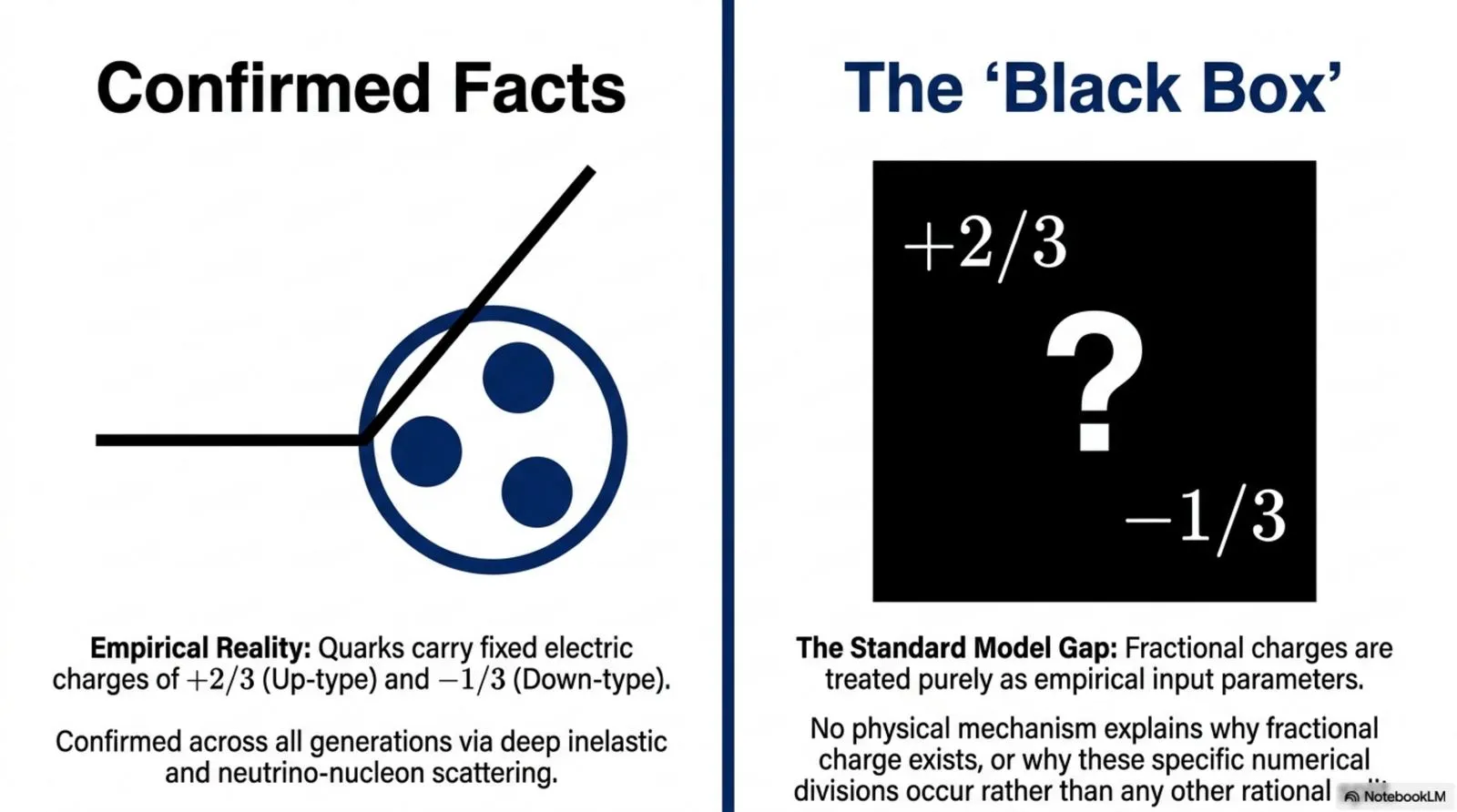 Quark charge fractions are confirmed experimentally but treated by the Standard Model as an unexplained empirical input.
