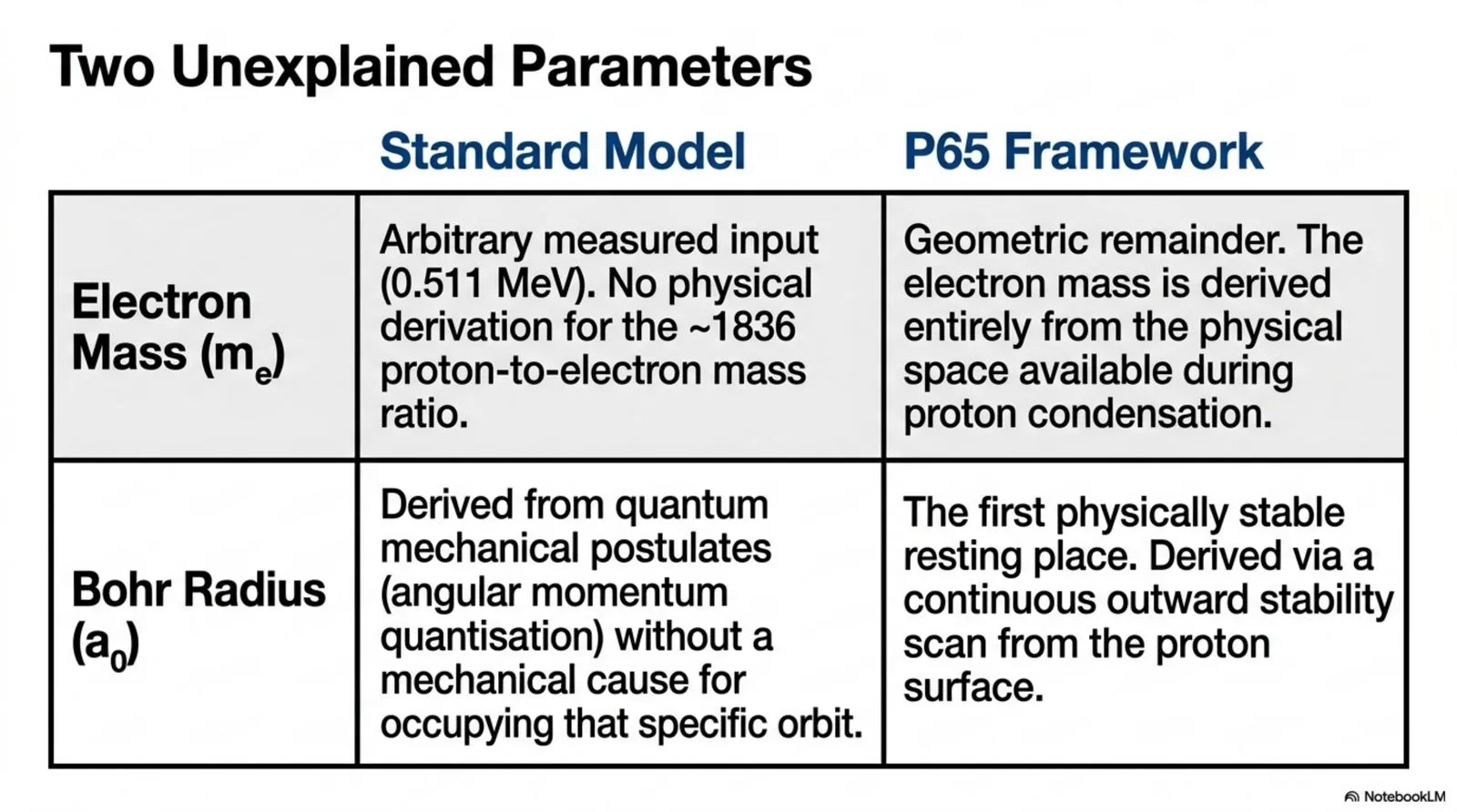 The Standard Model treats the electron mass and the Bohr radius as unexplained empirical inputs, while the P65 framework derives both from proton condensation geometry.