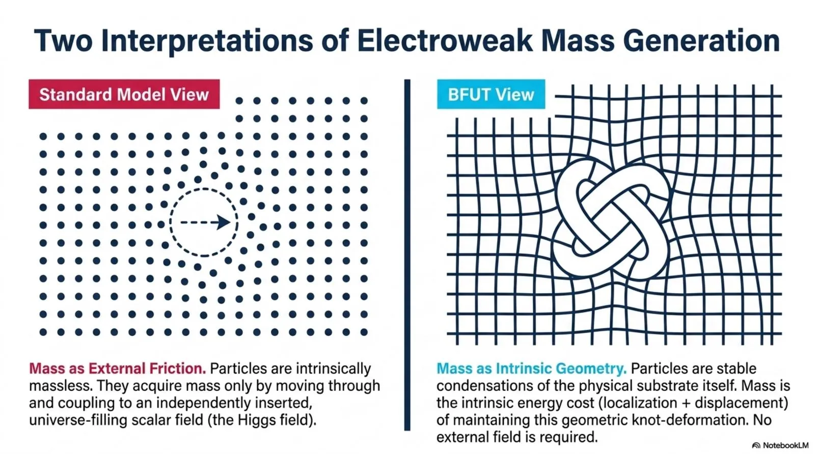 mass as external friction from an independently postulated field, versus mass as the intrinsic geometry of a stable substrate condensation.