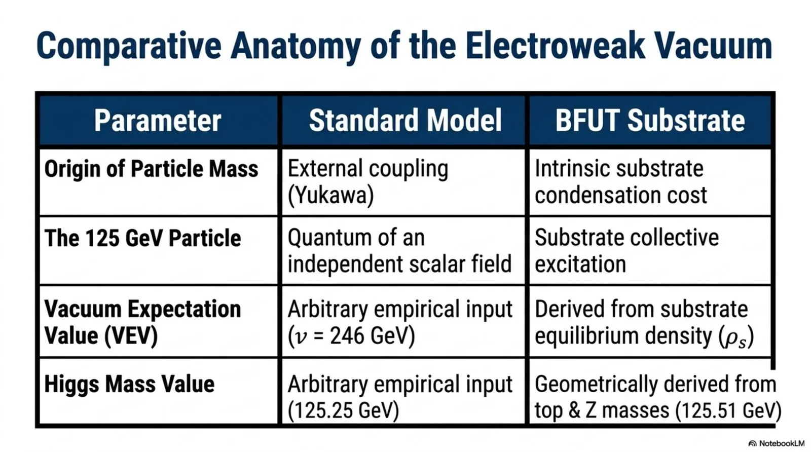 the Standard Model treats particle mass, the 125 GeV particle, and the vacuum expectation value as separate empirical inputs, while the substrate framework derives each from one condensation geometry.