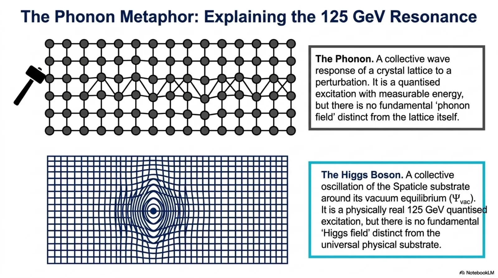 just as a phonon is a real, measurable lattice excitation with no separate fundamental phonon field, the Higgs boson is a real substrate excitation with no separate fundamental Higgs field.