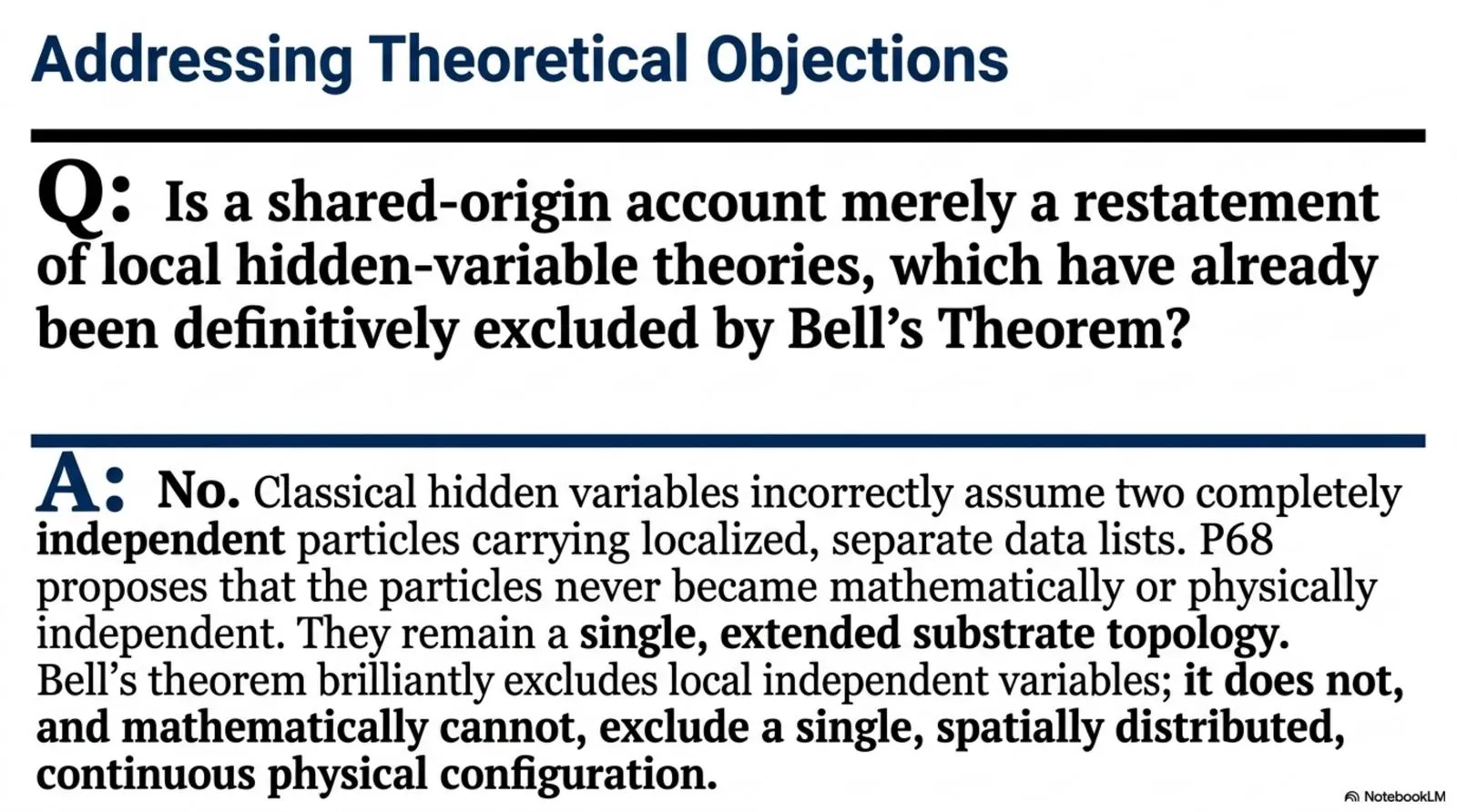 The shared-origin account does not restore local hidden variables; it proposes a physical origin for the single, non-separable configuration whose existence Bell's theorem already requires.