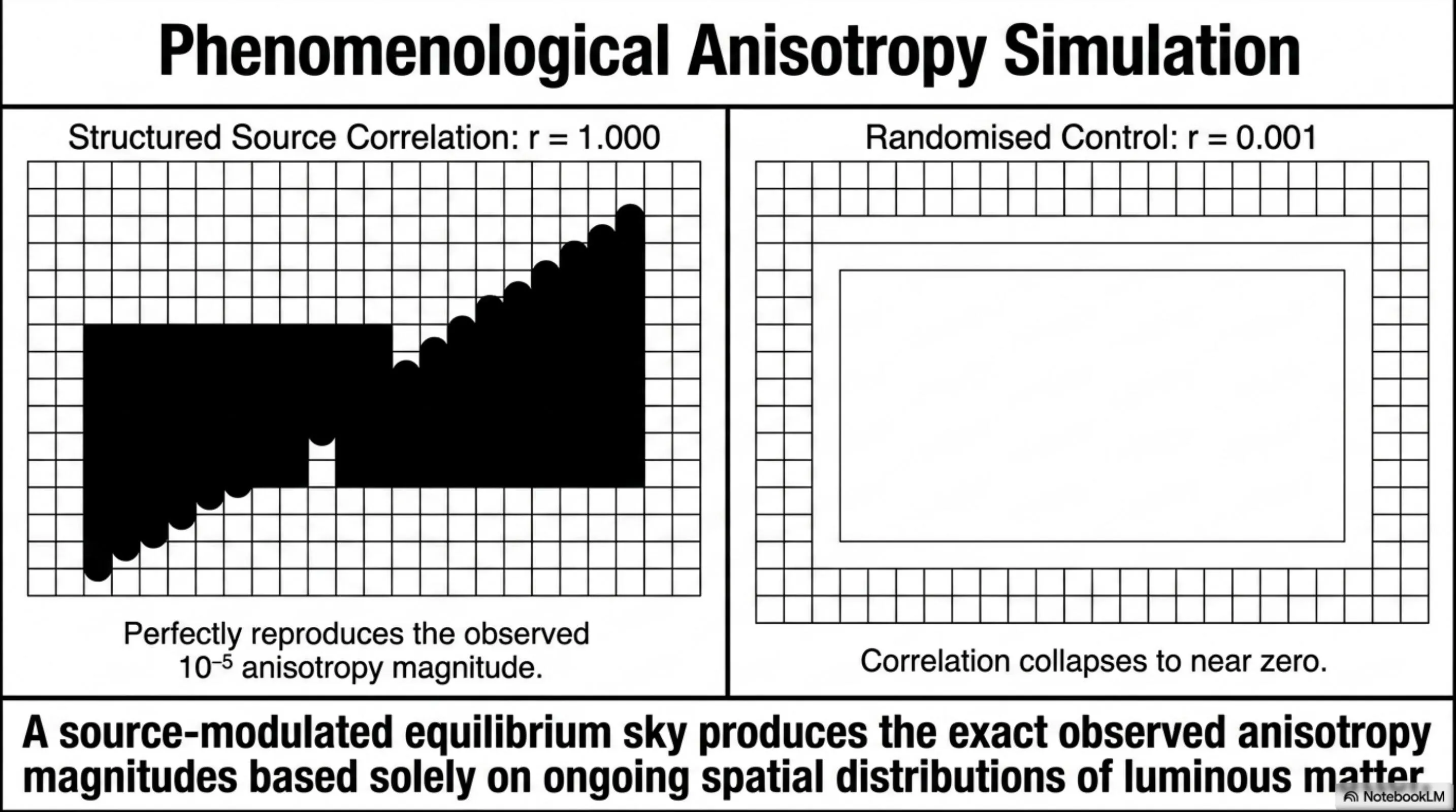 structured source-modulated sky reproduces observed 10^{-5} anisotropy magnitude.