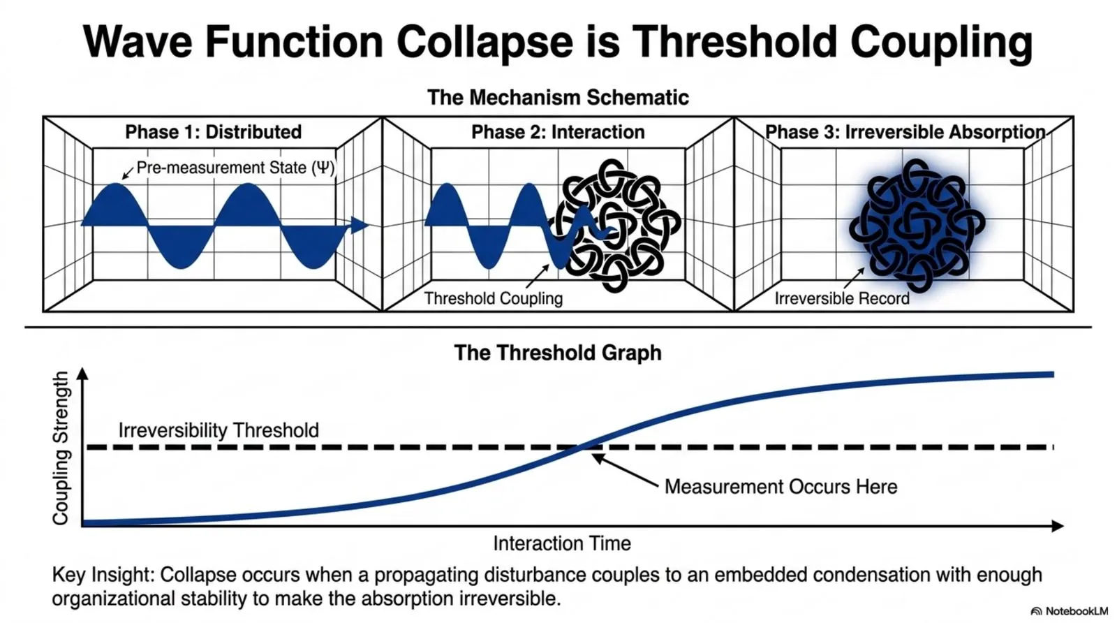 a propagating disturbance couples to an embedded condensation, becoming an irreversible record once the coupling strength crosses the irreversibility threshold.
