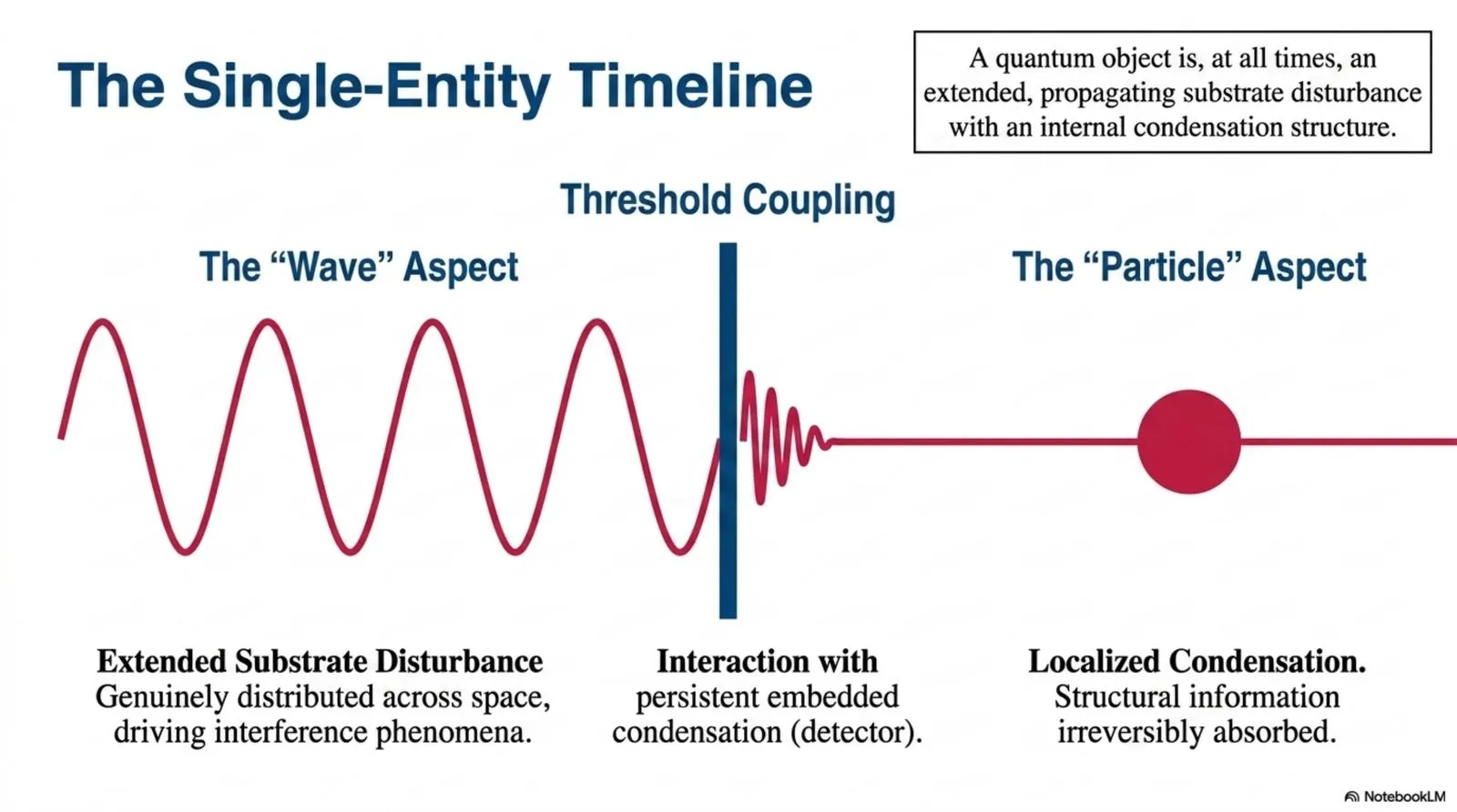 A quantum object is, at all times, an extended propagating substrate disturbance with an internal condensation structure; the wave and particle aspects are two temporal phases of one continuous physical history.