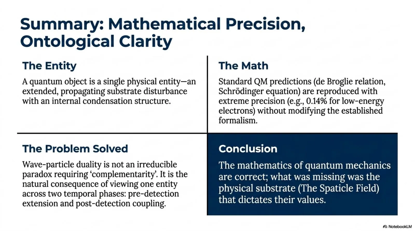 standard quantum mechanical predictions are reproduced with extreme precision while resolving wave-particle duality as one entity viewed across two temporal phases.