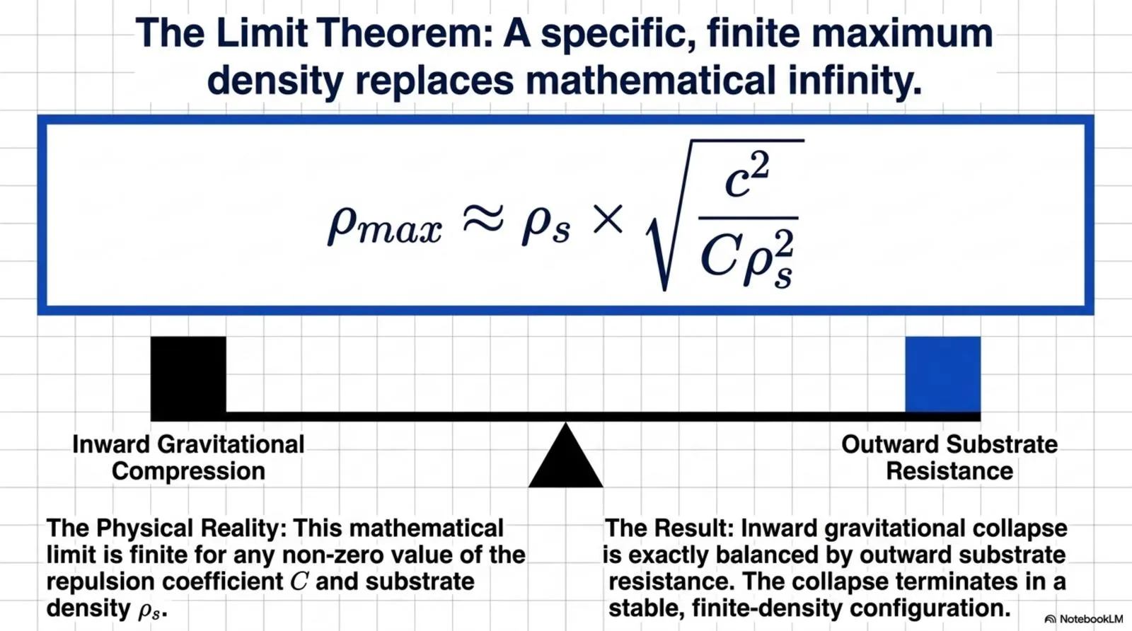 a finite maximum density replaces mathematical infinity, set by the balance of inward gravitational compression and outward substrate resistance.