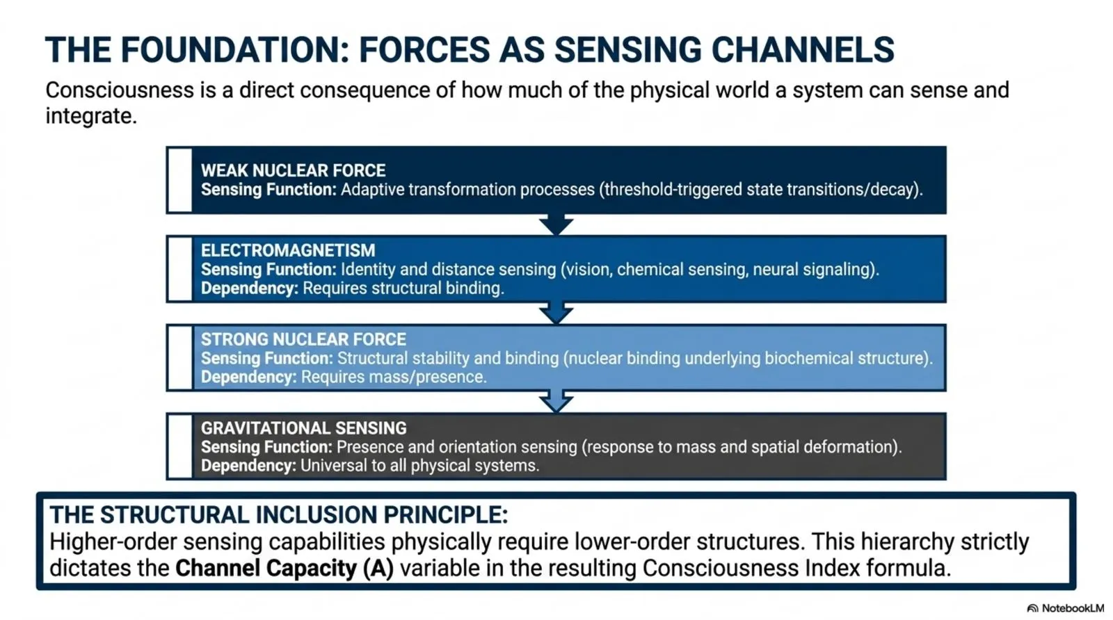 The four fundamental forces as a hierarchical structure of physical sensing channels.