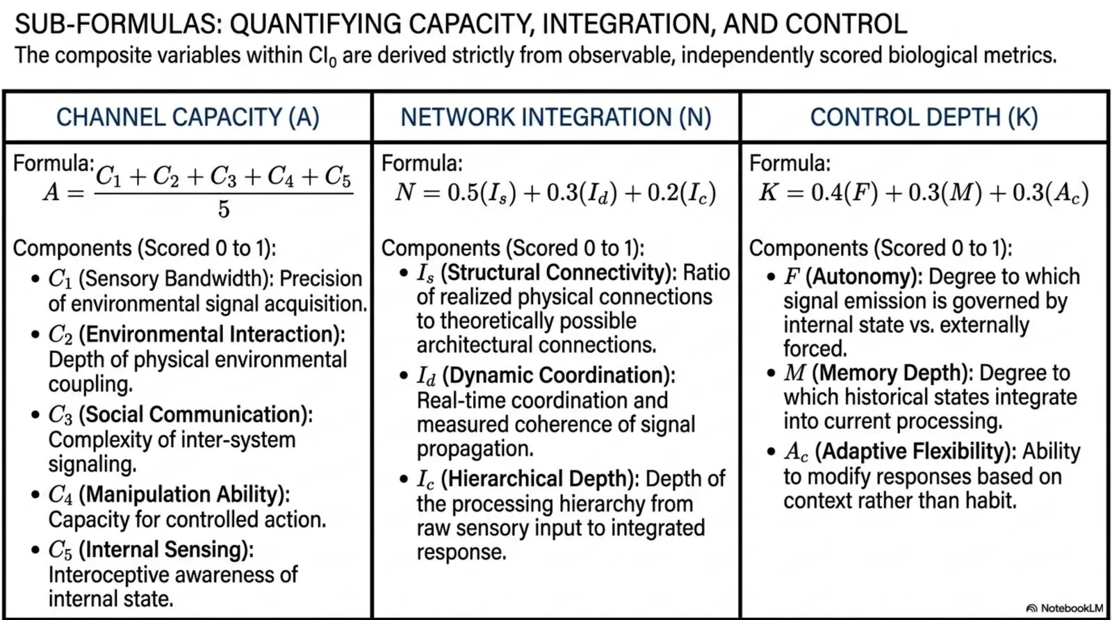 Sub-formulas quantifying channel capacity (A), network integration (N), and control depth (K).